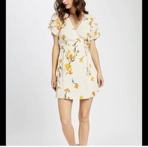 Gentle Fawn Mini Wrap Dress Cream With Yellow Floral Pattern XS